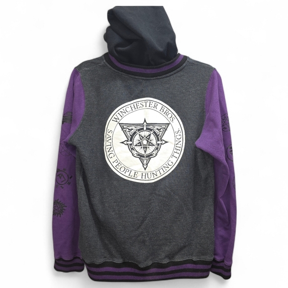 Supernatural Join the Hunt Varsity‎ Hoodie Jacket Large Gray Purple Winchester - Picture 2 of 9